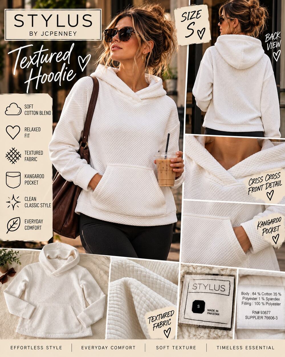 Stylus White Textured Funnel Neck Hoodie S Cotton Blend Kangaroo Pocket